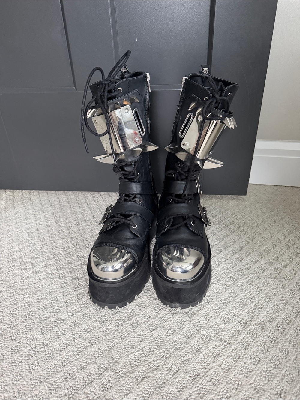 Men’s Black Gothic Platform Boots with Silver Toe Caps